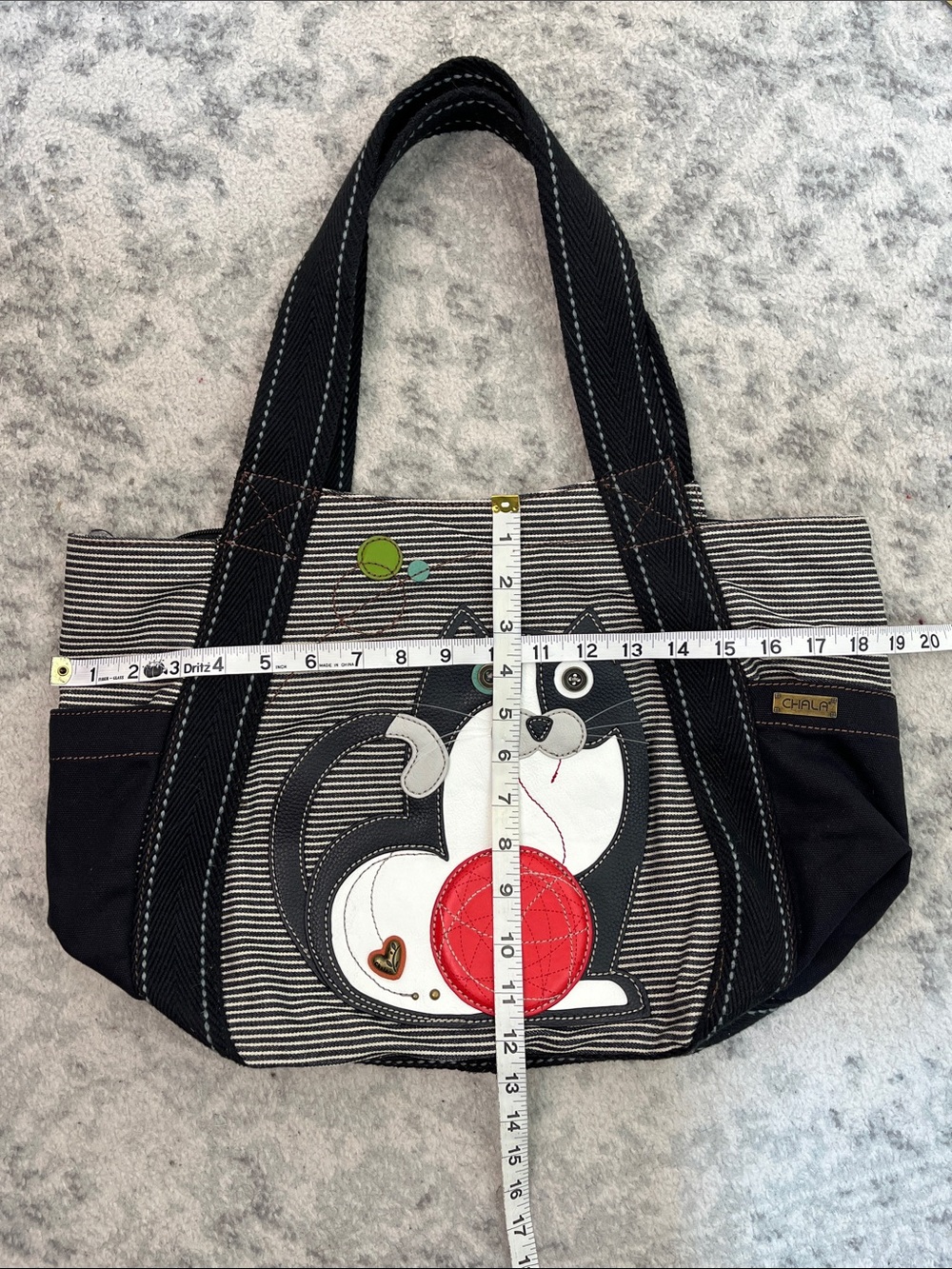 CHALA TOTE BLACK AND WHITE CAT ON 100% COTTON THICK CANVAS STRIPE ZIP TOP BAG - Picture 13 of 16